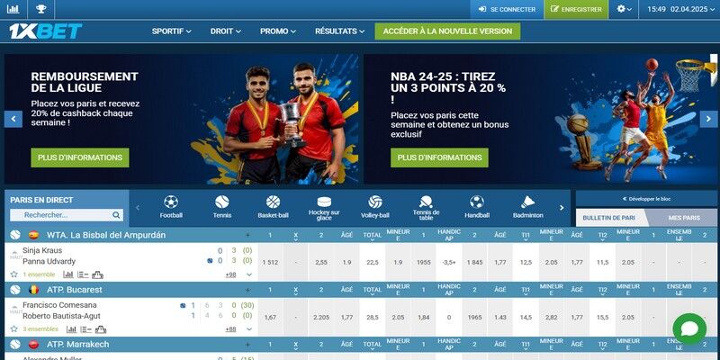 Capture d'écran de la page sportive du bookmaker - 1xBet