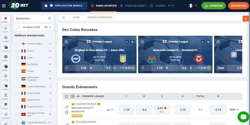 Capture d'écran de la page sportive du bookmaker - 20Bet