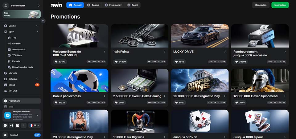 Capture d'écran de la page bonus du bookmaker 1win