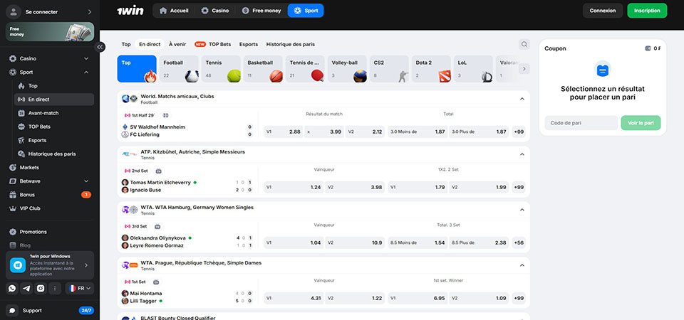 Capture d'écran de la page sportive du bookmaker 1win